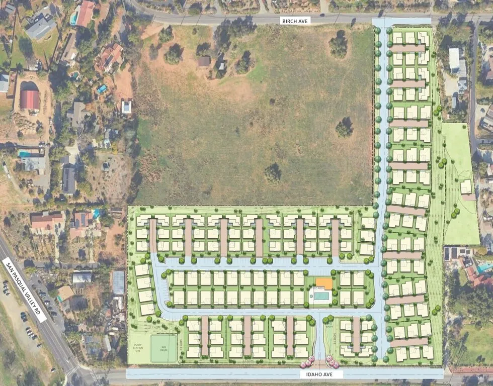 Aldea Escondido site plan overlaid on an aerial photo: dense rows of small residential lots on new internal streets filling the land between Birch Avenue and Idaho Avenue, with a central pool and recreation area, water-quality basins and a pump station site, beside the existing open field and the larger rural parcels that surround the site.